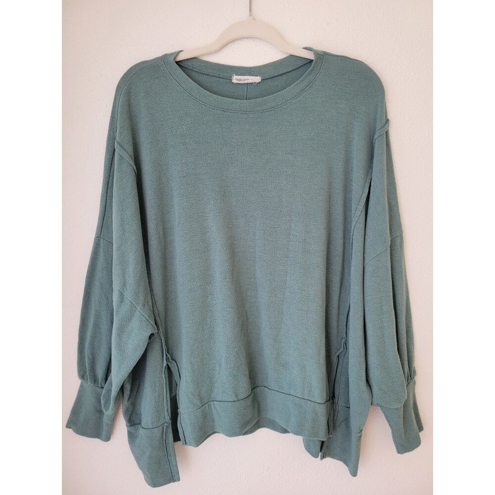 Charlotte Avery Women's Oversized Sweater Green Terry Crewneck Balloon Sleeve